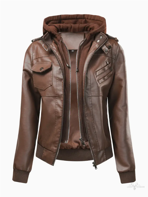 Hooded leather jacket in casual design for women