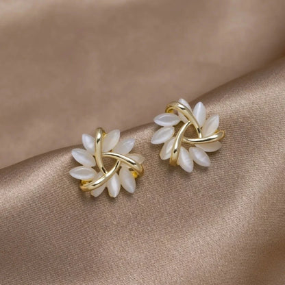 Elegant and Exquisite Circular Opal Flower Stud Earrings in Gold