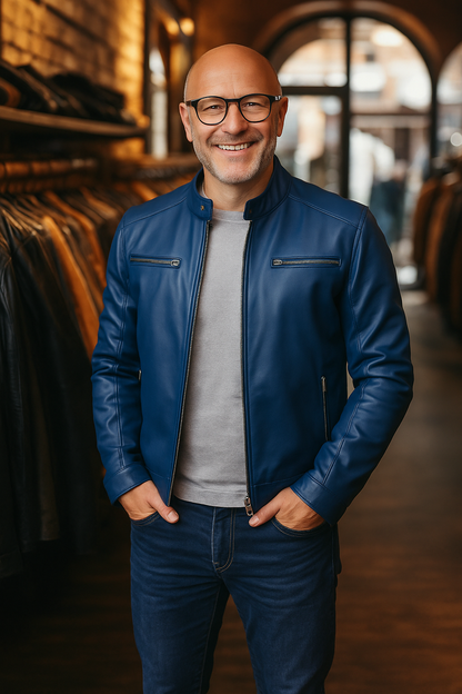 Casual leather jacket with stand-up collar