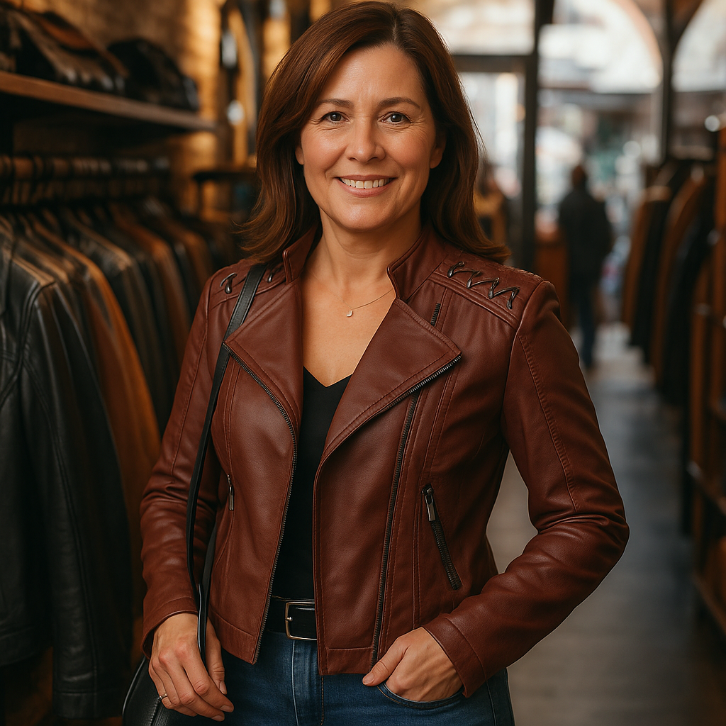 Elegant women's leather jacket with stand-up collar