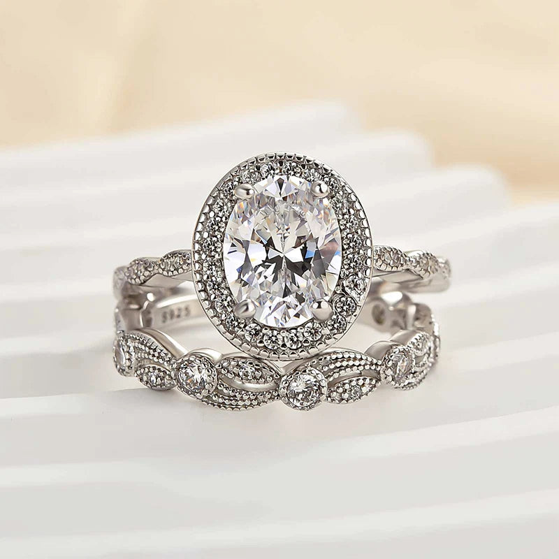Leaf & Vine Art Deco Halo Oval Cut Ring Set