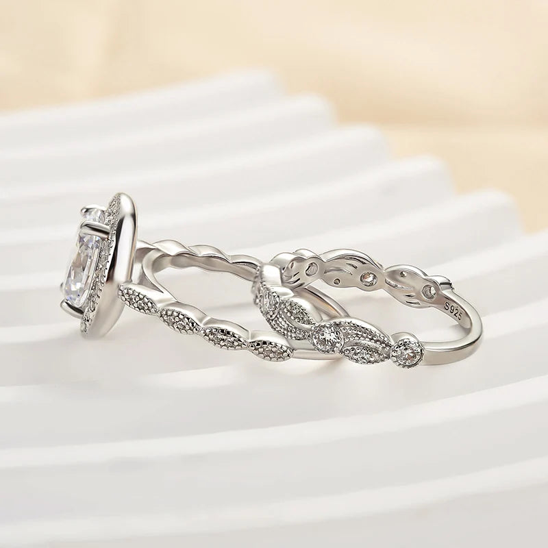 Leaf & Vine Art Deco Halo Oval Cut Ring Set