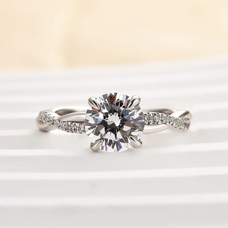 Twist Round Cut Engagement Ring In Sterling Silver For Bridal & Daily Wear