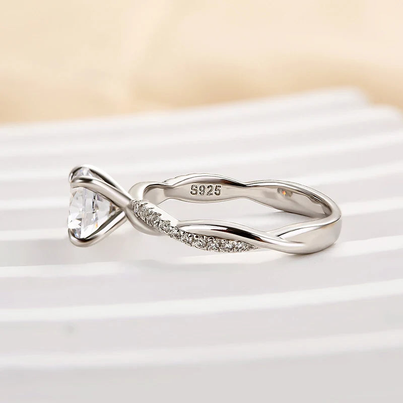 Twist Round Cut Engagement Ring In Sterling Silver For Bridal & Daily Wear