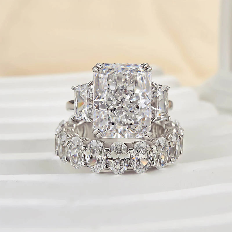 Luxurious Three Stone Radiant Cut Wedding Ring Set
