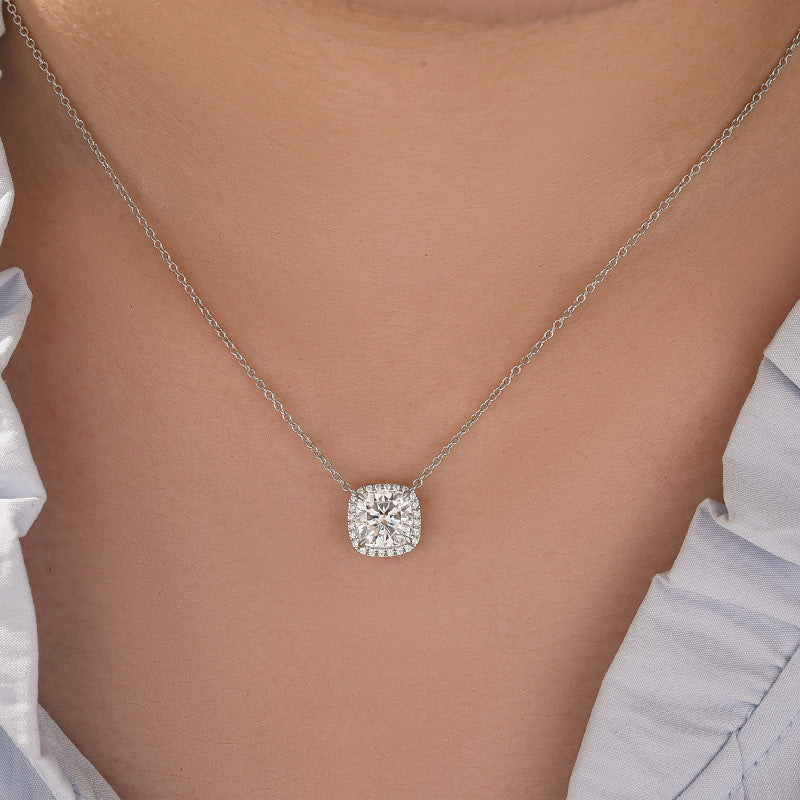 Elegant Halo Cushion Cut Pendant Necklace