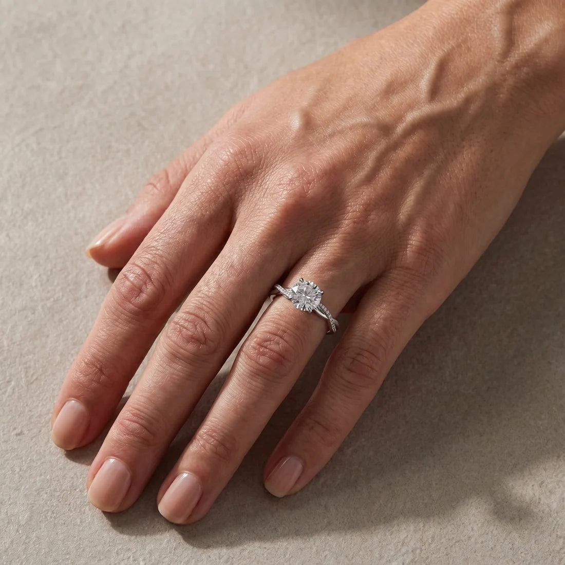 Twist Round Cut Engagement Ring In Sterling Silver For Bridal & Daily Wear