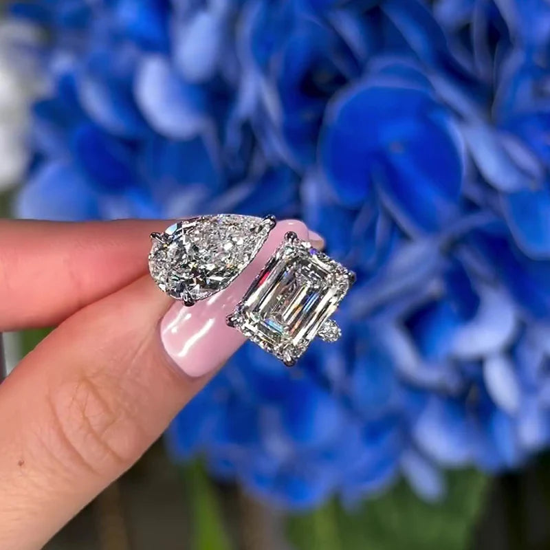 Unique Design Emerald Cut & Pear Cut Engagement Ring