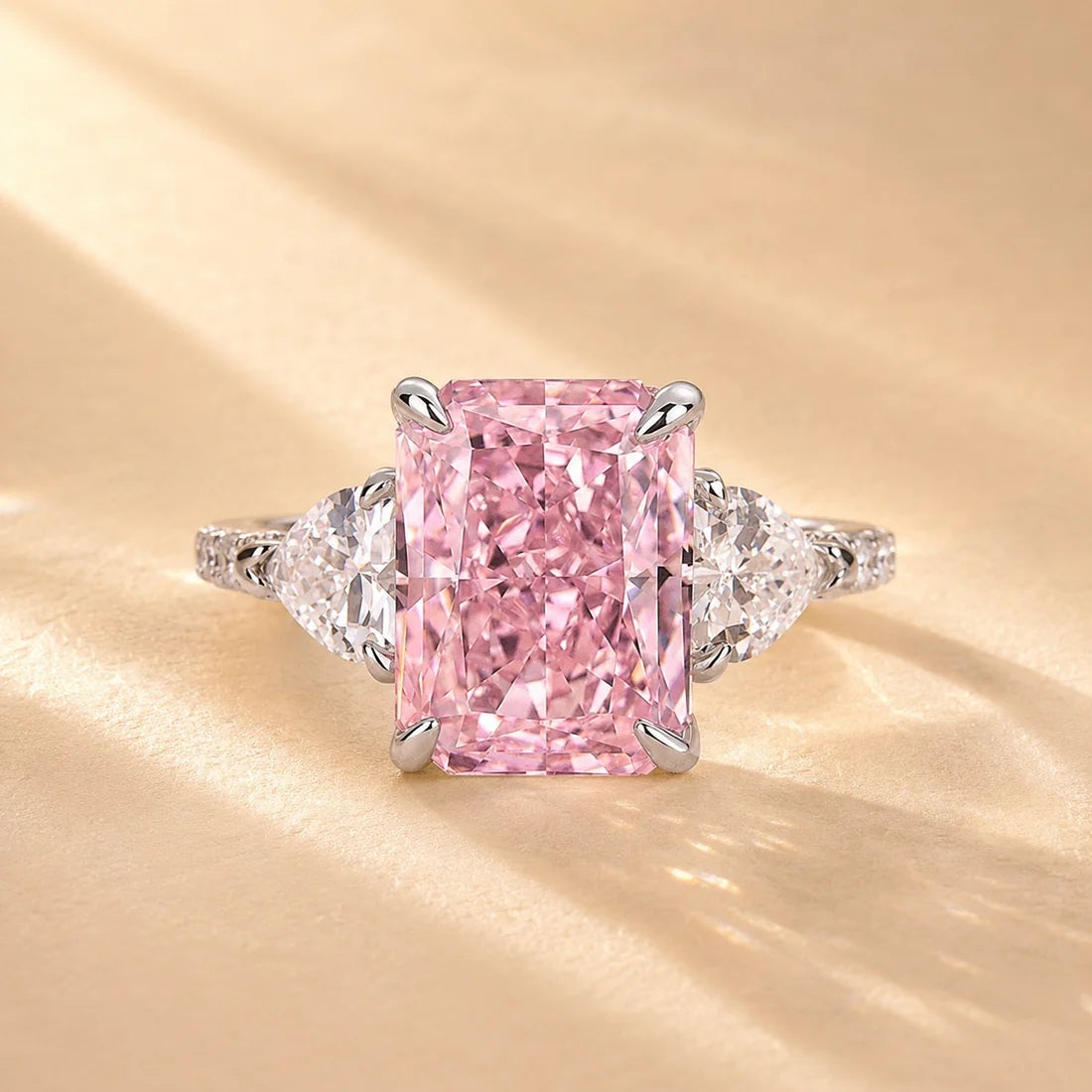 Pink & White Stone Radiant Cut Engagement Ring