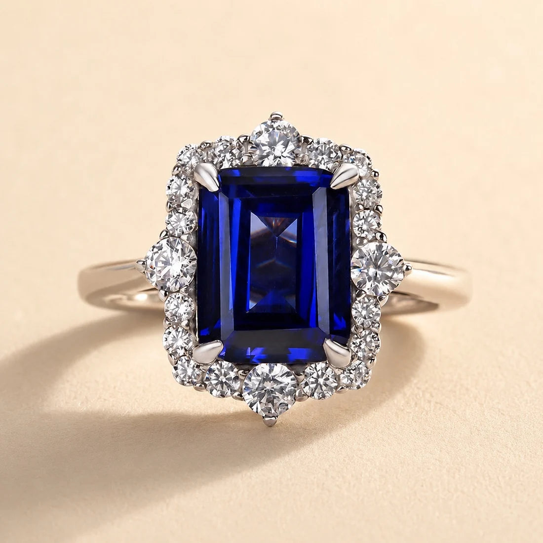 Halo Emerald Cut Blue Sapphire Ring