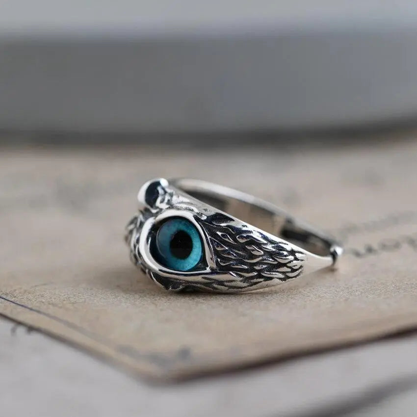 Owl of Luck – Silver Adjustable Ring with Opal