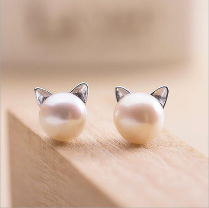 Elegant Silver Pearl Kitten Earrings