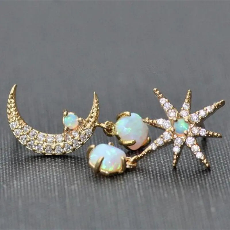 Golden Opal Moon and Star Earrings
