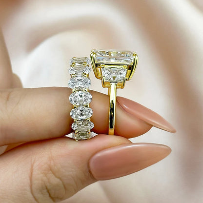 Luxurious Three Stone Radiant Cut Wedding Ring Set