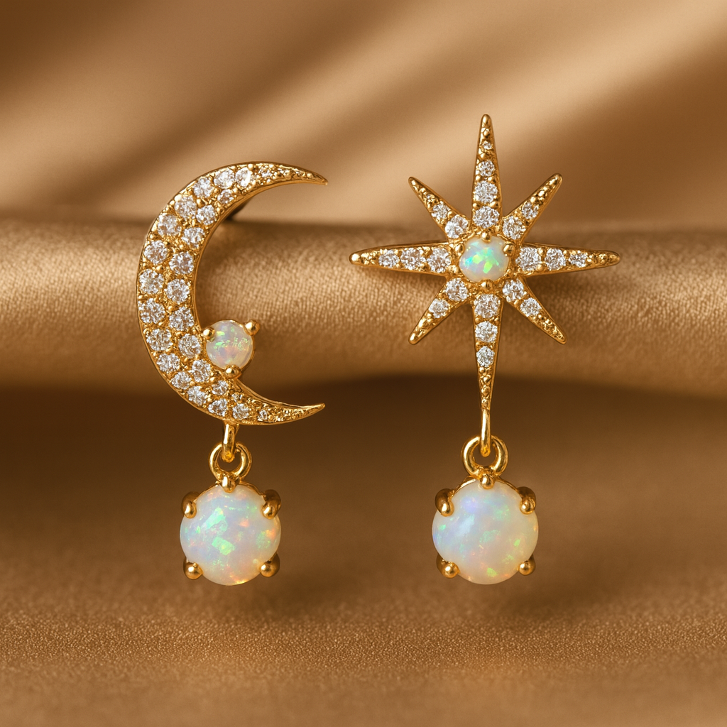 Golden Opal Moon and Star Earrings