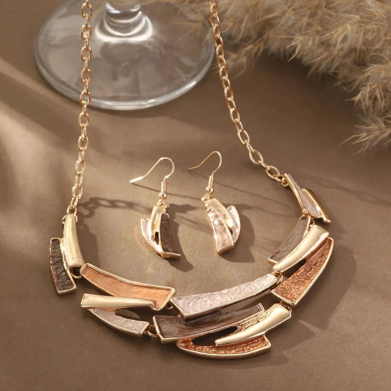 Geometric Enamel Necklace with Earrings
