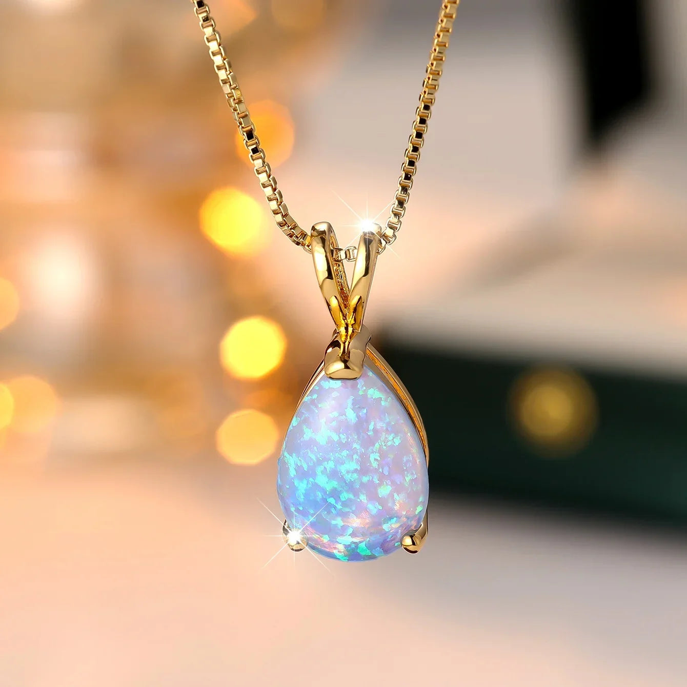Opal Teardrop Gold Pendant Necklace