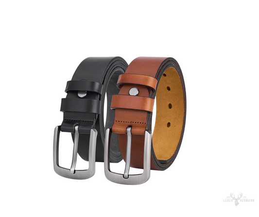 Set of 2 round leather belts – Black & Cognac - Robust and durable men's wedding belts