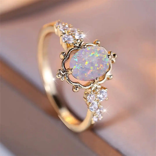 White Fire Opal Oval Stone Flower Ring