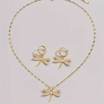 Gold Dragonfly Jewelry Necklace with Bonus Earrings