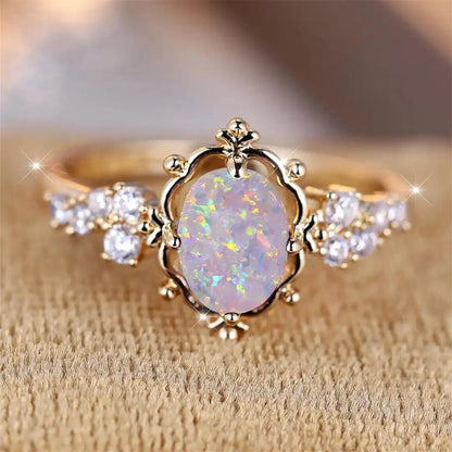 White Fire Opal Oval Stone Flower Ring