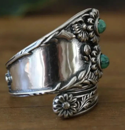 Vintage Floral Turquoise Wide Band Silver Ring