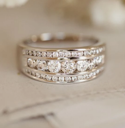 Vintage Triple Row Zirconia Layered Silver Plated Ring