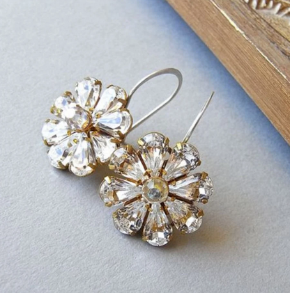 Vintage Petal Design Bright Crystal Flower Earrings