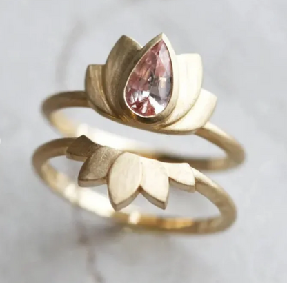 Elegant Vintage Pink Zirconia Inlay Lotus Flower Ring Set