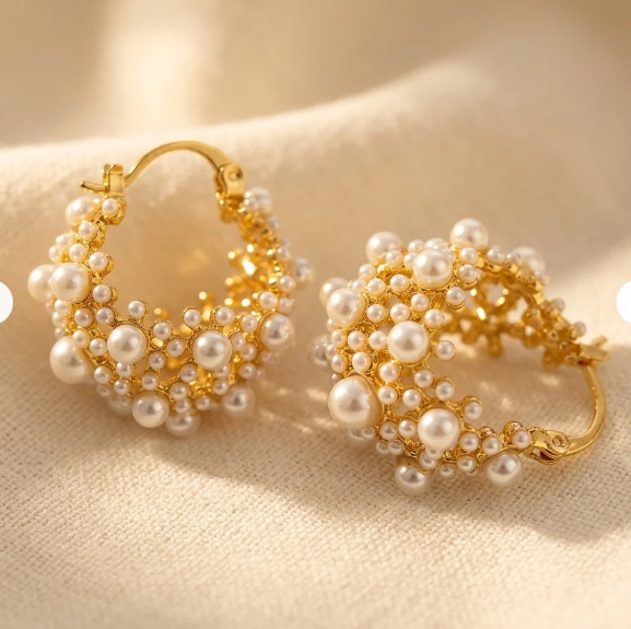 Vintage Pearl Cluster Hoop Earrings