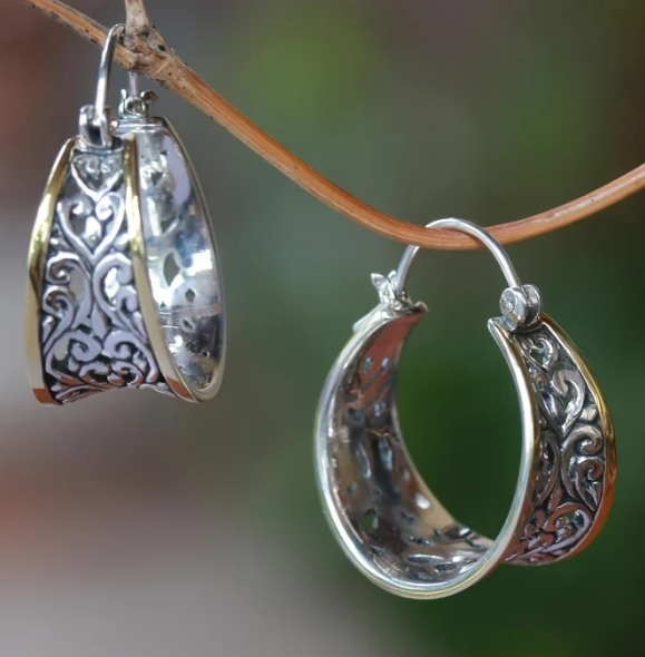 Vintage Two-Tone Hand Carved Bohemian Hoop Earrings