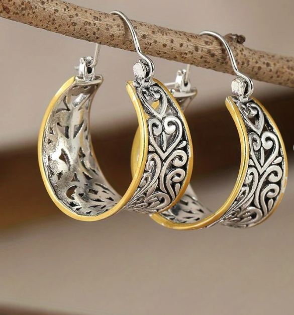 Vintage Two-Tone Hand Carved Bohemian Hoop Earrings