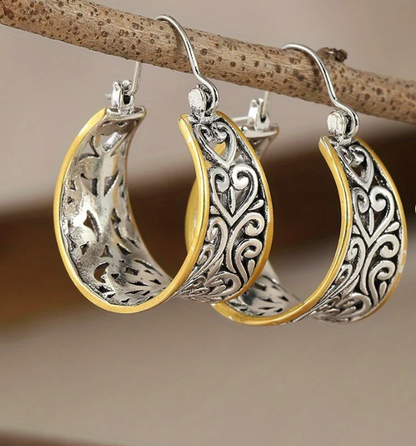 Vintage Two-Tone Hand Carved Bohemian Hoop Earrings