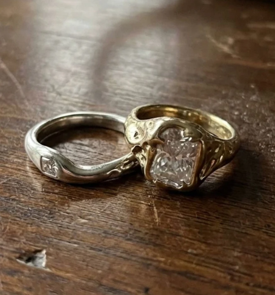 Vintage White Glass Gold & Silver Stacked Ring set