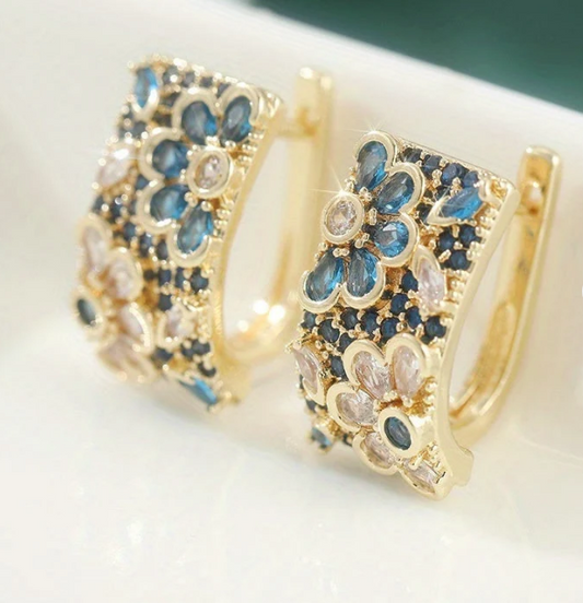 Vintage Multicolored Zirconia Flowers Hoop Earring