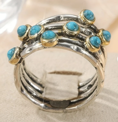 Vintage Geometric Turquoise Multi-Band Ring