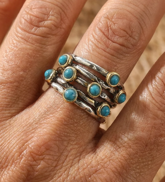 Vintage Geometric Turquoise Multi-Band Ring