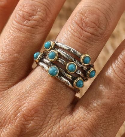 Vintage Geometric Turquoise Multi-Band Ring