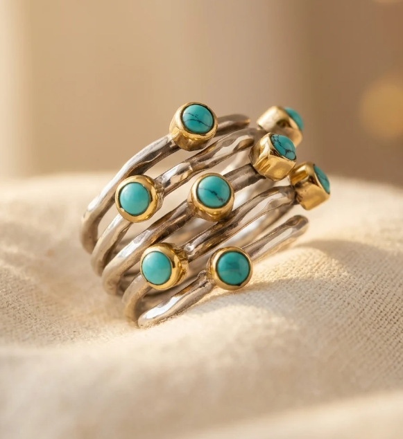 Vintage Geometric Turquoise Multi-Band Ring