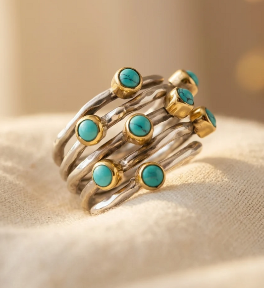 Vintage Geometric Turquoise Multi-Band Ring