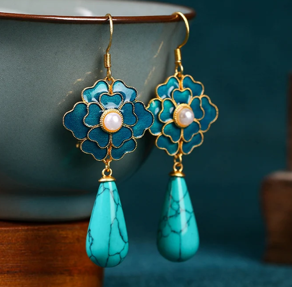 Elegant Vintage Turquoise Floral Design & Pearl Drop Earrings