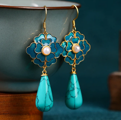 Elegant Vintage Turquoise Floral Design & Pearl Drop Earrings