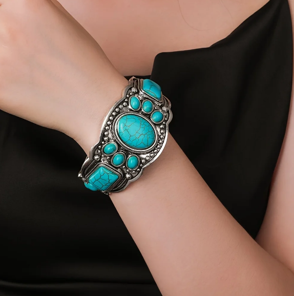 Vintage Ethnic Style Turquoise Open Cuff Bracelet