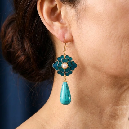 Elegant Vintage Turquoise Floral Design & Pearl Drop Earrings