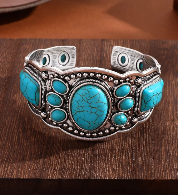 Vintage Ethnic Style Turquoise Open Cuff Bracelet