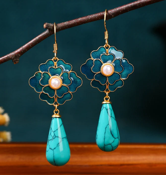 Elegant Vintage Turquoise Floral Design & Pearl Drop Earrings