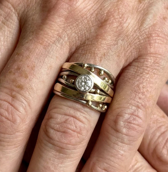 Vintage Zirconia Accent Gold Inlay Artisan Band Ring