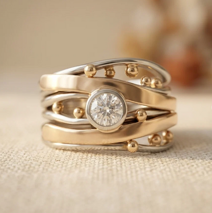Vintage Zirconia Accent Gold Inlay Artisan Band Ring