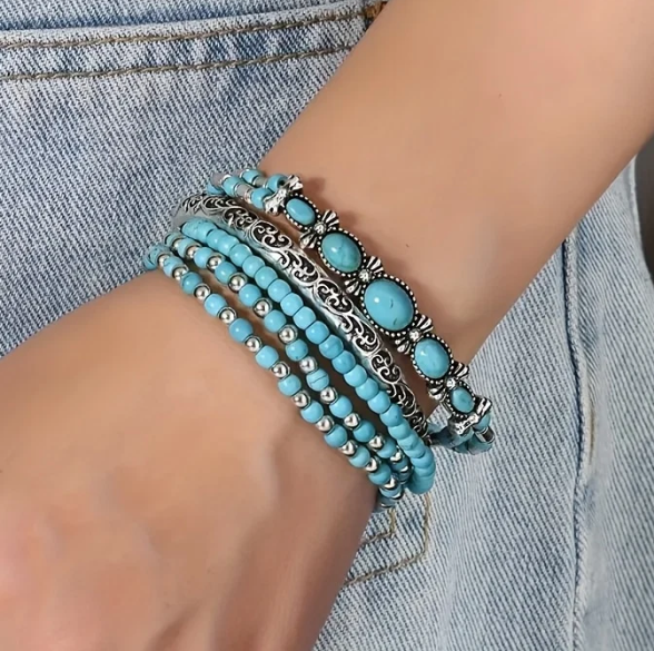 Bohemian Vintage Style Turquoise Beaded Bracelet Set