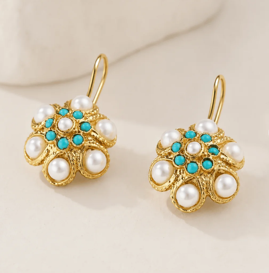 Vintage Turquoise & Pearl Medallion Earrings